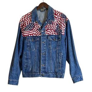 Vintage Flag Denim Jean Jacket USA Flag Lone Star Embellished White Red Blue Sm
